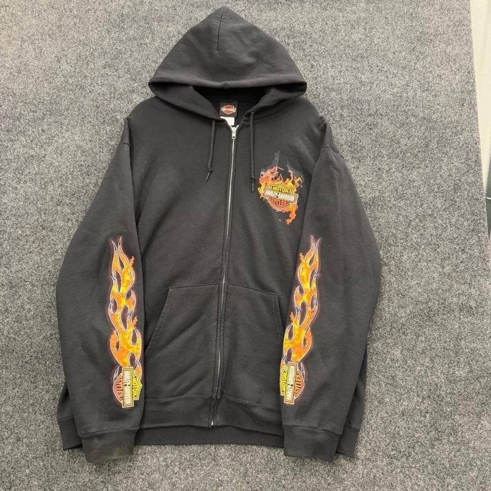 Harley Davidson Flame Sleeve Zip Hoodie Mens XL Black Y2K Wisconsin